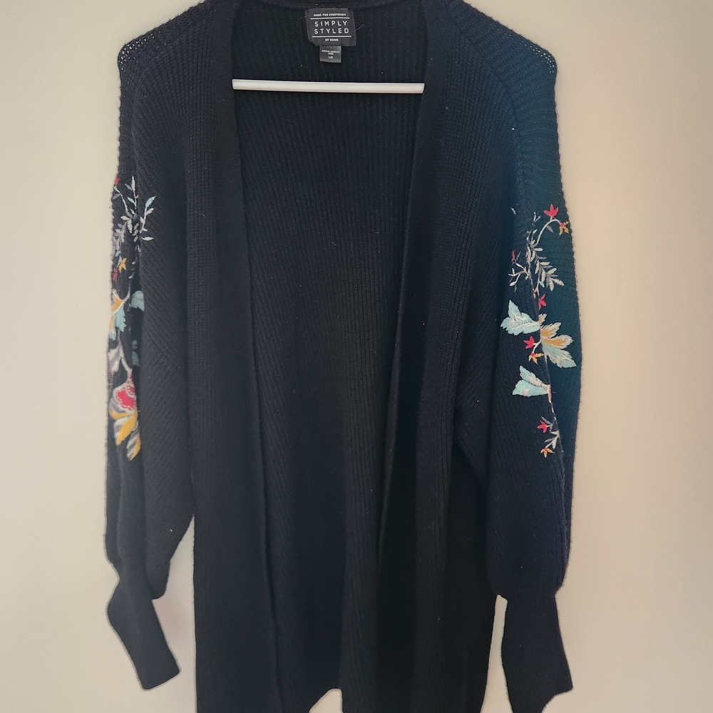 Sears Black Cardigan with Colorful Embroidery Size L